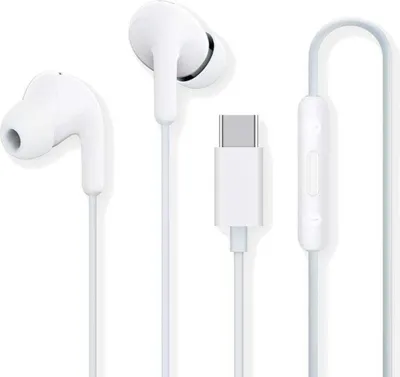 A pair of white USB-C in-ear headphones with a white cable and a white USB-C connector.