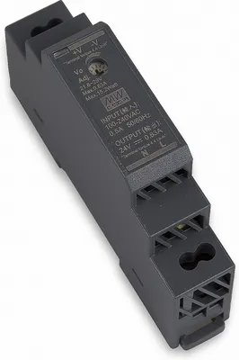A gray DIN rail power supply unit is shown against a white background.