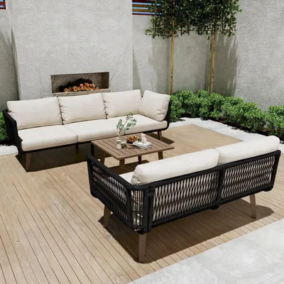 Produktbild von okwish Gartenlounge-Set, Gartenmöbel-Set, Loungeset Sitzgruppe , Balkonmöbel-Set, mit Sofa + Couchtisch, Tischplatte in Holzmaserungsfarbe, Beige + Schwarz