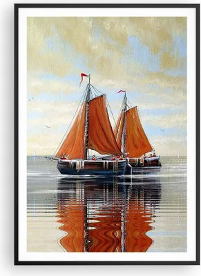 Produktbild von Gerahmtes Poster - Schwarzer Rahmen - Segelschiffe Öl Orange - 70x100 cm - Wand Bild - Wanddeko - Wandbilder - Kunstposter - Wandposter - Bilderrahmen - Bilder - Kunstdruck - P2BPA70x100-4404