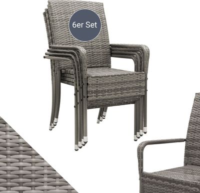 Juskys Polyrattan Gartenstühle Yoro 6er Set - mit Armlehnen & Rückenlehne - 6 Stühle stapelbar - Rattan Stuhl Garten - Stapelstuhl Grau-meliert