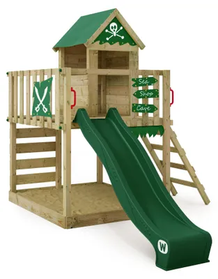 Produktbild von Holzspielhaus Wickey Smart Life mit Rutsche und Sandkasten in Grün