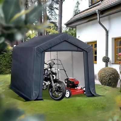Produktbild von Geräteschuppen Gartenhütte mit 2 Türen Fahrradgarage Outdoor für 4 Fahrräder Motorrad Garage 240x370x220cm Wetterschutz Shelter mit 2 Belüftungsöffnungen Grau