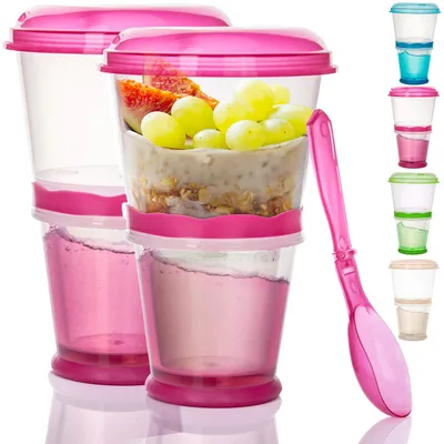 Produktbild von Premium Müsli 2 Go Becher Set mit Löffel & integriertem Iso-Kühlfach | 2 Stück, Rot | 330ml Joghurtbecher für Schule, Büro & Unterwegs