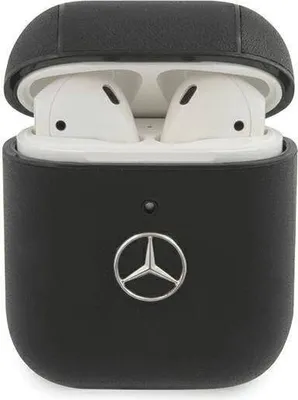 A black leather case for AirPods with the Mercedes-Benz logo on the front, and the AirPods inside.