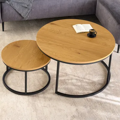 Produktbild von riess-ambiente Runde Couchtische 2er Set ELEGANCE 80cm natur Wildeiche Holz-Design schwarzes Metallgestell Beistelltisch Tisch