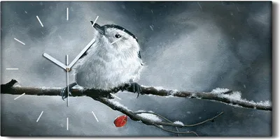 Produktbild von Leinwand Uhr Küche Wohnzimmer Bild 60x30 Malerei Zweig Tier Vogel Schnee Winter - weiße Hände