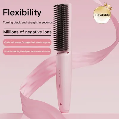 Image de INF Brosse lissante électrique – Tension 110-220V, 3 niveaux de chaleur (160°C/180°C/200°C), lissage et effet volumisant, compacte Rose