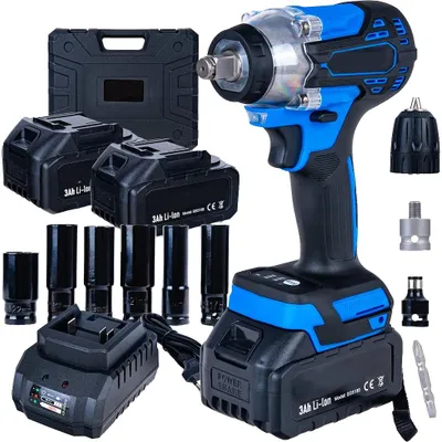 Productafbeelding van GEKO | Accu-slagmoersleutel, 350 Nm, 2x 3.0Ah, 21V, Krachtige slagmoersleutel met afneembare handgreep, geschikt voor auto's, pick-ups, grasmaaiers en industriële toepassingen