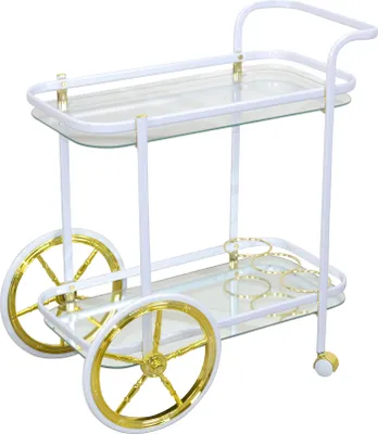 A white and gold two-tier serving cart with glass shelves and wheels, isolated on a white background.