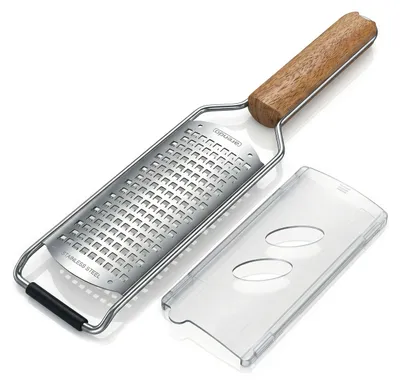 Produktbild von Arendo Zester Reibe Edelstahl mit Holzgriff, Handreibe mit Schutzabdeckung, Küchenreibe, Feinreibe, Parmesanreibe, Ingwerreibe, scharfe Edelstahlklinge, Antirutschfuß, Aufhängeöse