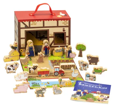 Produktbild von yoamo Bauernhof Spielkoffer für Kinder mit 24 Holzfiguren, hochwertigem Spielkoffer und weihnachtlicher Tier-Geschichte, 26-teilig (1 Set)