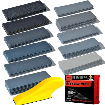 Zdjęcie produktu dla Zestaw papieru ściernego do mokrego szlifowania, 75 sztuk, ziarnistość 120-5000, wymiary 9x3 cm, w zestawie blok do ręcznego szlifowania