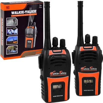 A box of walkie-talkies with two walkie-talkies displayed next to it.