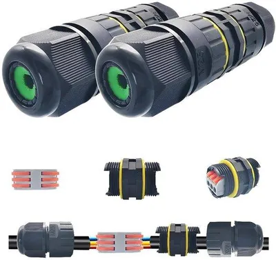 Productafbeelding van Jhubersproducts - Waterdichte Aansluitdoos Buiten - IP68 Kabelverbinder - 3-Weg Connector - Zwart - Voor Stroomkabels - Voor Tuinverlichting