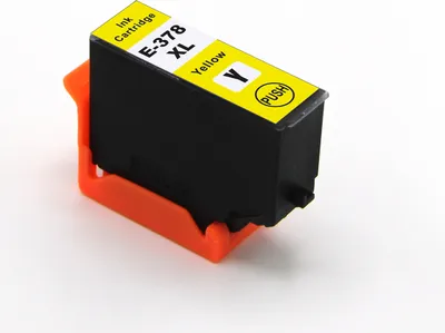A yellow and black ink cartridge is held in an orange plastic holder against a white background.