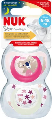 Zdjęcie produktu dla Silikonowy smoczek uspokajający NUK Star Day&Night 10176289 | wolny od BPA | 2 sztuki | różowy/biały