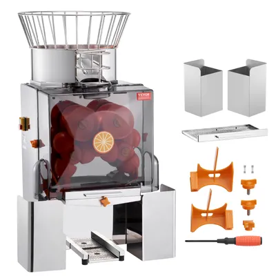 A commercial orange juicer with various accessories displayed on a white background.