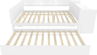 Produktbild von Flachbett 140x200cm Ohne Matratze Weiss Mit Schreibtisch Rollbett Regalen Holzbett Kiefer Spanplatte Jugendbett
