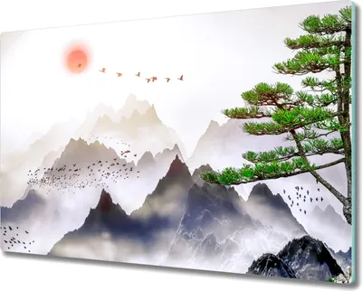 Produktbild von Coloray Schneidebrett Herdabdeckplatte 80x52 cm Kochplattenabdeckung Küchenbrett Hackbrett - Bergnebel Sonne Baum