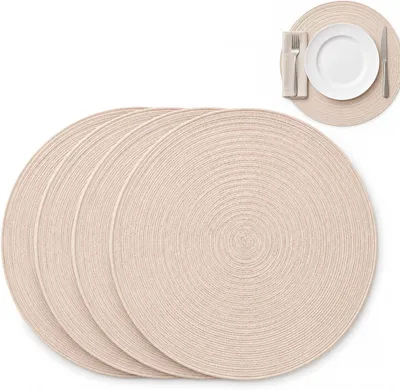 Produktbild von Runde Tischsets im 4er-Set in Beige, 30 cm Durchmesser, abwaschbare Untersetzer für Teller, rutschfeste Platzsets für Küche und Essbereich