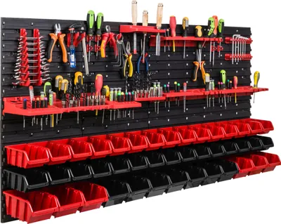 Image de Système de rangement Étagère d'atelier | 156 x 78 cm | 51 pièces Boîte | Étagère murale avec supports pour outils et boîtes empilables - Panneaux muraux Étagère à bacs extra-robuste Panneau perforé pour outils Étagère de rangement Étagère de garage