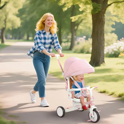 Produktbild von Kinderdreirad 5-in-1 faltbar, Dreirad Rosa mit Sicherheitsgurt, Aluminiumlegierung, Schiebegriff | 96,5x49x101 cm | 1–3 Jahre | Einhand-Doppelbremse
