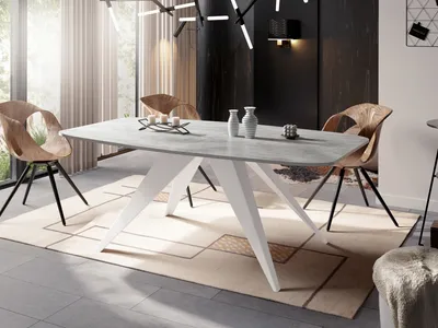 Produktbild von Ausziehbarer Esstisch im Loft-Stil - Industrieller Tisch mit Weißen Metallbeinen - Modernes Design für Wohnzimmer - 160 cm Ausziehbar auf 200 cm - Beton Grau