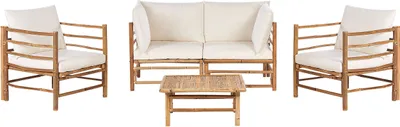 Produktbild von BELIANI Lounge Set 4-Teilig Hellbraun u. Cremeweiß Bambusholz 2-Sitzer Sofa mit 2 Sesseln Couchtisch 10 Kissen Garten Terrasse Outdoor Ausstattung