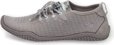 A side view of a gray sneaker.