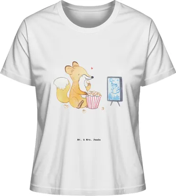 Produktbild von Mr. & Mrs. Panda Basic T-Shirt Damen Fuchs Filme gucken Größe L - Weiß - Geschenk, Shirt, Sommershirt, Fernsehen, Filmabend, TV, Mit Print, Oberteil, Kino
