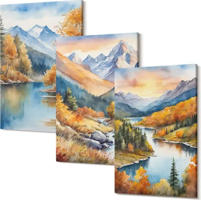 Produktbild von Wandbild – Leinwandbild – Leinwandbilder – Polycanvas – Kunstdruck – Modern – Panorama – Mehrteilig – 3-Teilig Set – Hochwertig – Lichtecht – Geruchslos – 20x30 Cm Je Element - Berglandschaft mit Fluss und Herbstbäumen