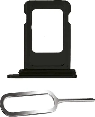 A black SIM card tray and a silver SIM ejector tool are shown against a white background.