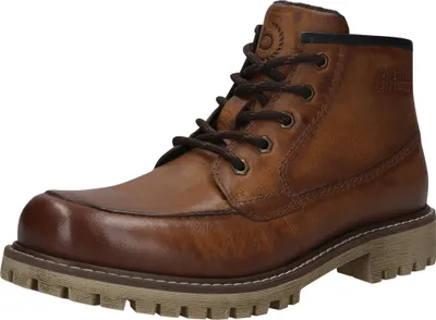 A single brown leather boot is shown against a white background.