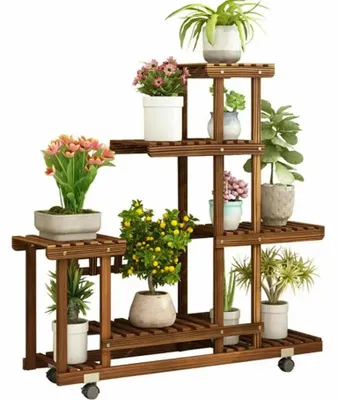 Produktbild von Pflanzenregal aus Holz - Blumenständer mit Rollen - 5 Ebenen - Kiefernholz - 95 x 26 x 96 cm - Für innen und außen - Natur