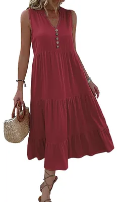 Produktbild von Sommerkleid für Damen – Ärmelloses A-Linien-Kleid mit V-Ausschnitt in Weinrot