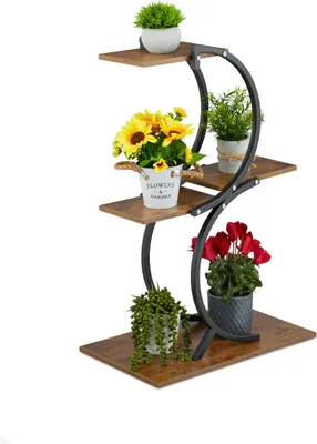 Obrázek produktu pro Stojan na květiny Relaxdays, 4 police, VxŠxH: 76 x 48 x 30 cm, zakřivený stojan na květiny pro 5 květináčů, černý/hnědý
