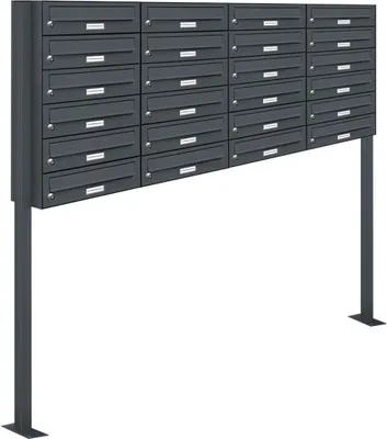 A freestanding mailbox system with 24 individual units, mounted on two vertical posts.