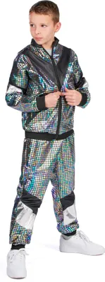A young boy wearing a shiny, reflective tracksuit.