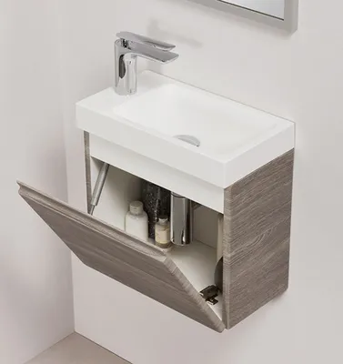 Produktbild von Quentis Gäste-WC Badmöbelset Faros 40, Perlgrau Holzoptik, Waschbeckenunterschrank montiert