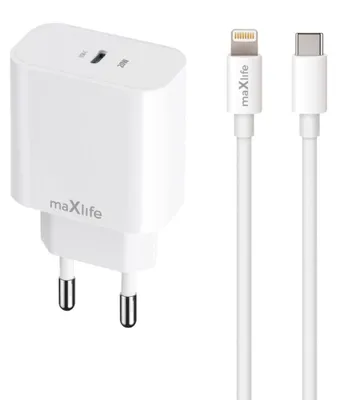 Produktbild von Maxlife Netzladegerät PD QC MXTC-06 1x USB-C 20W Weiß + USB-C-zu-Lightning-Kabel 20W