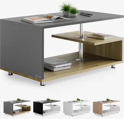 A modern coffee table with multiple shelves and a sleek design, presented in a studio setting with a white background. Four color variations of the table are shown in a collage at the bottom.