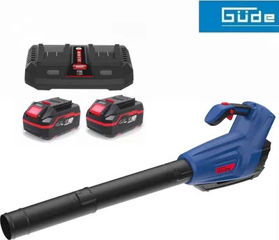A collage of a leaf blower, batteries, and a charger with a brand logo.