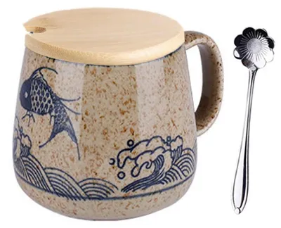 Immagine prodotto di Tazza da caffè con coperchio, in Vetroceramica, 400 ml, dipinta a mano, stile giapponese, modello A