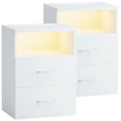 Image de CASARIA® 2x Table de nuit avec éclairage LED Touch Blanc 40x28x55cm en Bois 2 tiroirs Table de chevet Chambre à coucher