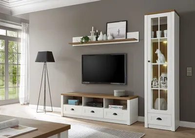 Produktbild von Landhaus Wohnwand Mediawand Anbauwand Wohnzimmer 210cm pinie weiß eichefarben hell