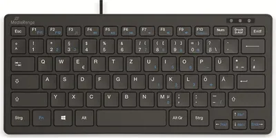 Produktbild von MediaRange flache, kompakte Tastatur, Schwarz, USB 2.0, 78 Tasten, 286 x 127,5 x 28 mm (BxTxH), Tastenhöhe 3 mm, für Büro & Zuhause, kompatibel mit Windows, Mac OS X, Linux, Modell MROS112