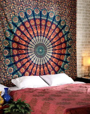 Image de Mandala indien Tapisserie Hippie Décoration murale pour chambre d'enfant Salon Aussi comme tapis de yoga Couverture de pique-nique, rouge et vert