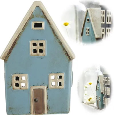 Produktbild von LS-LebenStil Lichterhaus Nyhavn 14cm Blau Keramik Teelichthaus Fachwerkhaus Teelichthalter  Windlicht Kerzenständer Wohnzimmer, Fensterbank