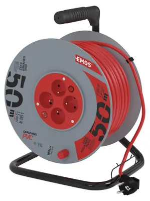 Prodlužovací kabel na bubnu 50 m / 4 zás. / s vypínačem / červený / PVC / 230V / 1,5 mm2